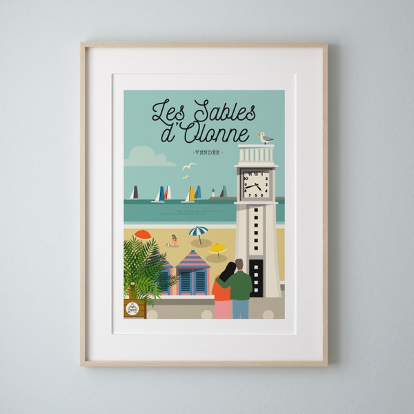 Affiche 30x40cm  "Les sables d'Olonne" Vendée. Série "Bain de Mer"