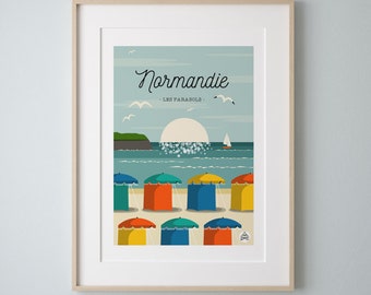 Affiche 30x40 cm NORMANDIE / Les Parasols. Série "Bain de Mer"