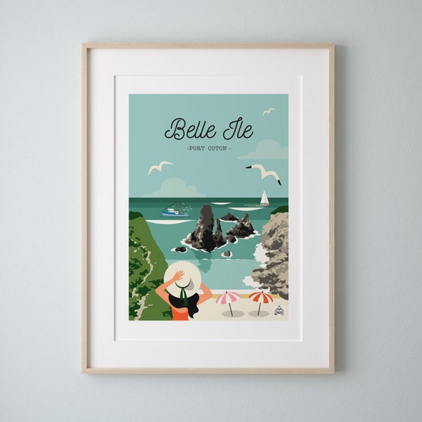 Affiche vintage "BELLE ILE"  30x40cm. Port Coton / Série Bain de Mer