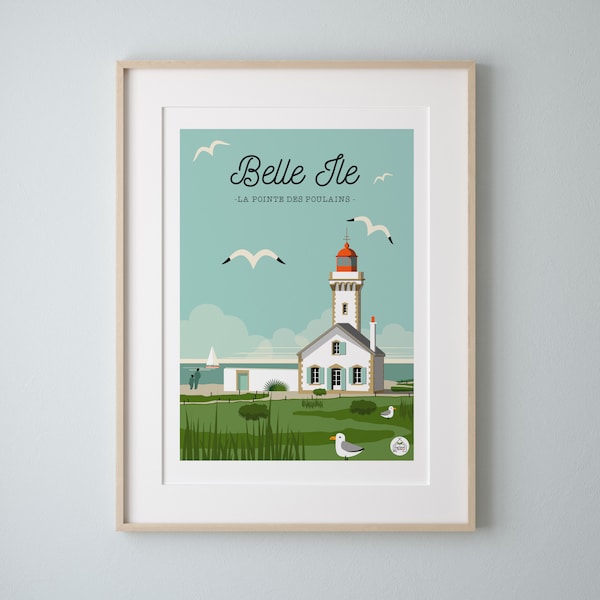 Affiche vintage "BELLE ILE"  30x40cm. La Pointe des Poulains/ Série Bain de Mer