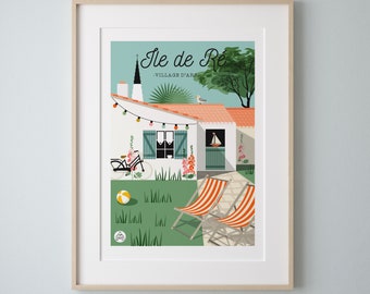 Affiche "Ile de Ré"-Village d'Ars.Affiche vintage 30x40cm Série "Bain de Mer"