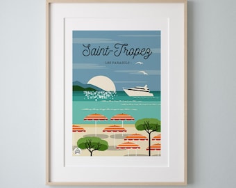 Affiche 30x40 cm SAINT-TROPEZ / Les Parasols. Série "Bain de Mer"