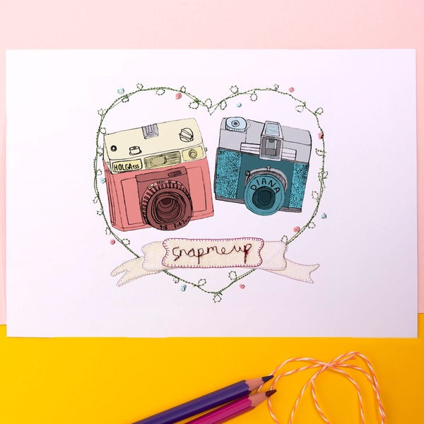 Snap Me Up Camera Illustration Love Valentines Anniversary Print Drawing Photography Photographer Sewing Art Holga Diana Flowers