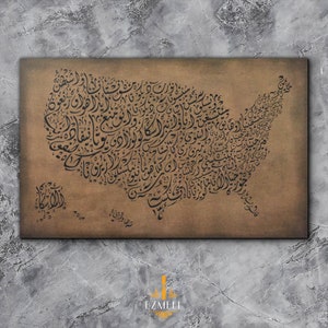Kaart van de Verenigde Staten van Amerika, geïllustreerd met landnamen in het Arabisch.