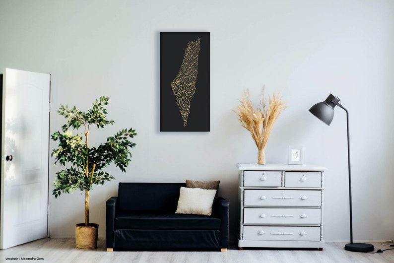 Palestine Map: Black Background Gold Carving - Etsy