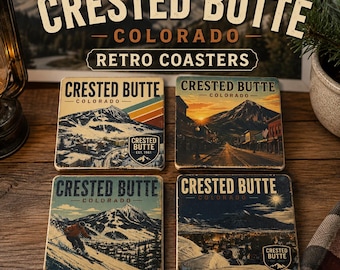 Crested Butte Colorado Retro Coaster Set | Ski Resort Drink Coasters | Vintage Mountain Travel Art | Housewarming Gift | Set of 4