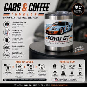May include: A 10 oz stainless steel tumbler featuring a graphic of a light blue Ford GT race car with orange stripes and the number 6. The text on the tumbler reads FORD GT LEGENDARY PERFORMANCE, 5.4L SUPERCHARGED V8, 550 HP, 205 MPH, RACE-BRED HERITAGE.