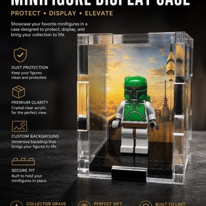 Könnte beinhalten: Eine durchsichtige Acryl-Vitrine für eine Minifigur mit schwarzem Sockel und einem Hintergrundbild einer Sonnenuntergangslandschaft. Das Gehäuse enthält Textbeschriftungen für Staubschutz, hohe Transparenz und einen sicheren Halt.