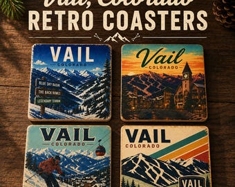 Vail Colorado Retro Coaster Set | Ski Resort Drink Coasters | Vintage Mountain Travel Art | Housewarming Gift | Set of 4