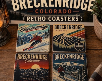 Breckenridge Colorado Retro Coaster Set | Ski Resort Drink Coasters | Vintage Mountain Travel Art | Housewarming Gift | Set of 4