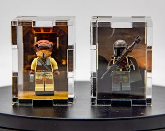 Customizable Acrylic display case for single Lego mini figure - Custom background and base - Made in USA