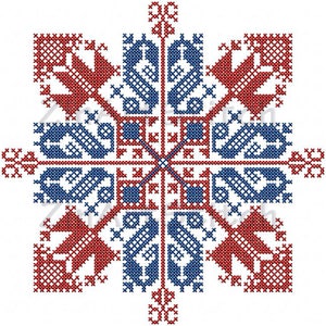 May include: A red and blue cross-stitch pattern with a geometric design. The pattern is symmetrical and features a repeating motif of squares and triangles.