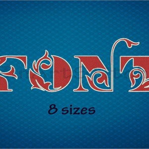 May include: Red embroidered font with decorative flourishes. The word "FONT" is displayed in a stylized font with 8 sizes.