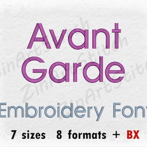 May include: Avant Garde Embroidery Font in purple and gray text on a white background. The text says "Avant Garde Embroidery Font" with "7 sizes 8 formats + BX" below it.