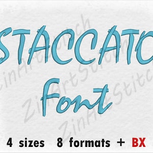 May include: Staccato Font in a light blue color. The text is written in a handwritten style. The text says "Staccato Font" and below it says "4 sizes 8 formats + BX".