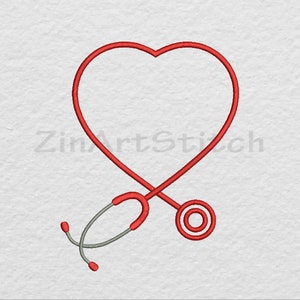 Könnte beinhalten: Rote herzförmige Umrandung mit einem roten Stethoskop, das sie durchkreuzt. Das Stethoskop hat einen grauen Hörer.