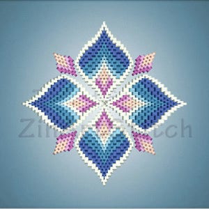 Puede incluir: Un patrón geométrico azul, rosa y blanco en forma de flor de seis puntas. El patrón está formado por pequeños cuadrados.