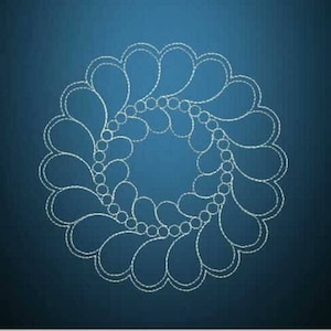 May include: A white circular design with a repeating pattern of teardrop shapes and small circles on a dark blue background.