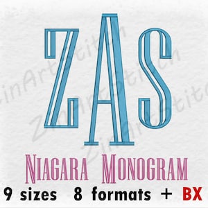 Niagara Monogramm Schriftart Maschinenstickerei Design Sofortiger Download Monogramm Alphabet 9 Größen 8 Formate BOX