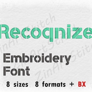 Puede incluir: Una fuente de bordado verde turquesa que dice "Recognize" en un estilo negrita y en bloque. El texto "Embroidery Font" está en negro debajo del texto turquesa. El texto "8 tamaños 8 formatos + BX" está en negro debajo del texto "Embroidery Font".