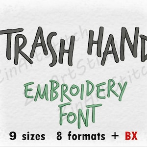 Fonte de bordado à mão Trash, design de bordado, monograma, alfabeto, download instantâneo, 9 tamanhos, 8 formatos BX