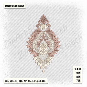 Może przedstawiać: Wzór haftu z symetrycznym wzorem kwiatowym w odcieniach beżu i przydymionego różu. Projekt zawiera tekst "EMBROIDERY DESIGN" u góry oraz wymiary 23,8 cm, 22,9 cm, 20,3 cm i 17,8 cm po prawej stronie.