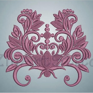 May include: A detailed embroidery design in a mauve color, featuring symmetrical floral and leaf patterns. The design includes swirling vines, stylized leaves, and a central floral element, creating a decorative and ornate appearance. The design is suitable for fabric embellishment.