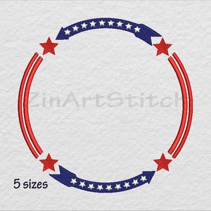 May include: Red, white, and blue circular embroidery design with stars. The design is a frame with a blank center.  "ZinArtStitch" is written in white text on the design.