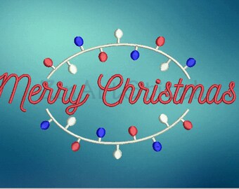 May include: Red "Merry Christmas" text with a white string of lights with red, white, and blue bulbs in a circle around the text.