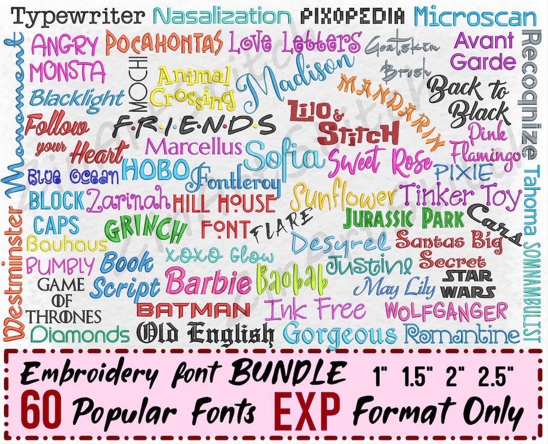 60 Embroidery Fonts Bundle Package Embroidery Fonts Pack Etsy