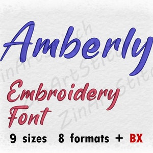 May include: Embroidery font design in a blue and pink script style. The font says "Amberly Embroidery Font" with the words "9 sizes 8 formats + BX" below.