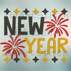 May include: Embroidered design featuring the words "NEW YEAR" in black and gold lettering with red and gold fireworks on either side. The design is surrounded by a border of gold and black stars.