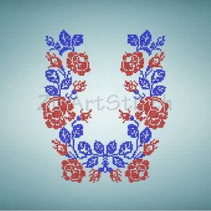 May include: A cross-stitch embroidery design featuring a symmetrical pattern of red roses and blue leaves. The design is perfect for creating a decorative piece for a home or a gift.
