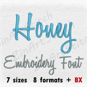 May include: A blue cursive font embroidery design that says "Honey" with the text "Embroidery Font" in grey below. The text "7 sizes 8 formats + BX" is at the bottom of the image.