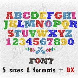 May include: A colorful alphabet and numbers in a stitched style with a floral design and the word "FONT" below. The text "5 sizes 8 formats + BX" is at the bottom of the image.