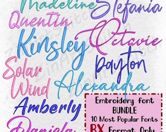 May include: An image featuring a collection of names in various colors and fonts, including Madeline, Stefania, Quentin, Kinsley, Octavie, Payton, Solar, Wind, Alexandra, Amberly, and Daniela. A pink rectangle states "Embroidery font BUNDLE 10 Most Popular Fonts BX Format Only."