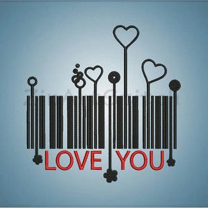 Diseño de bordado de código de barras "Love You Hearts" (Descarga digital)