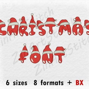 May include: Red and white Christmas font with Santa hats. The letters are in a bubble style. The text reads "CHRISTMAS FONT".