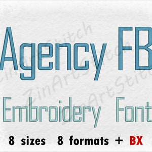 Puede incluir: Diseño de fuente de bordado en azul y azul claro, con el texto "Agency FB Embroidery Font" y "8 tamaños 8 formatos + BX".