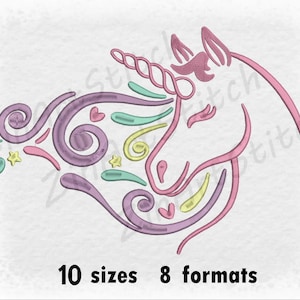 May include: A pink, yellow, green, and purple line art design of a unicorn head with a curled horn and swirls. The design includes hearts and stars.