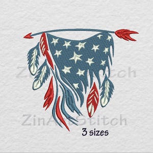 May include: An embroidered design of a tattered American flag with red, white, and blue feathers hanging from it. The flag is draped over an arrow with a red tip. The design is perfect for patriotic crafts and projects.