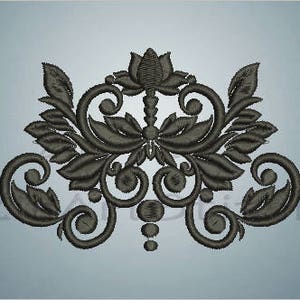 May include: A black and white floral embroidery design with intricate details. The design features a central flower with swirling leaves and vines.