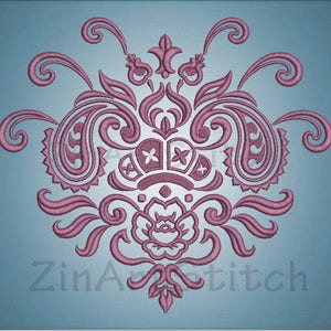 May include: A pink paisley design with intricate details and floral elements. The design is symmetrical and has a traditional, ornate style.