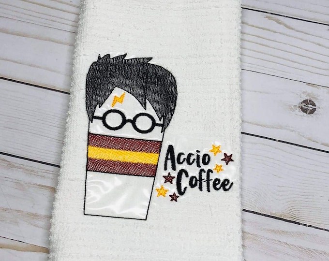 Harry Potter inspired Accio coffee kitchen dish towel custom embroidered