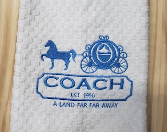 Cinderella carriage inspired land far away  kitchen dish towel custom embroidered