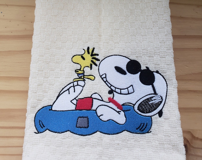 Snoopy inspired beagle dog pool float summer  kitchen dish waffle weave hand towel custom embroidered