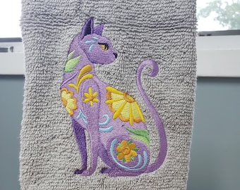 Cat animal  flower power bath hand towel  custom embroidered personalized