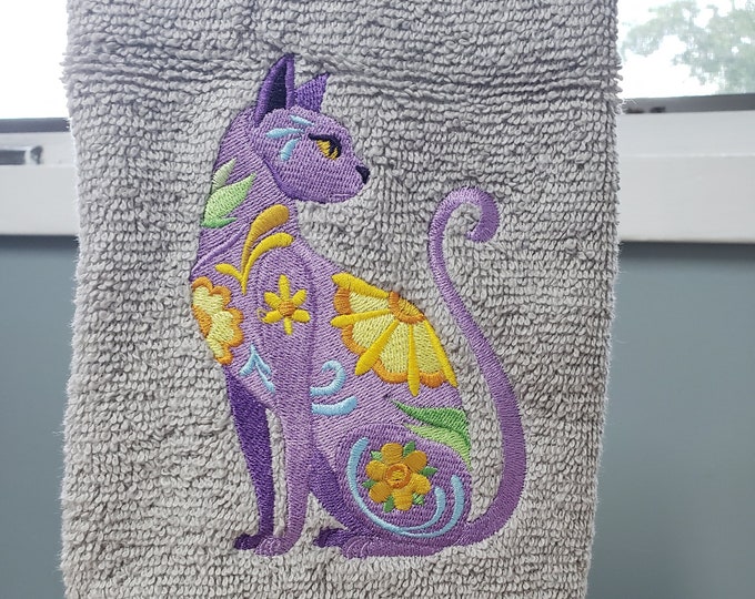 Cat animal  flower power bath hand towel  custom embroidered personalized
