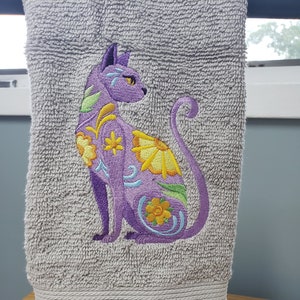 Cat animal  flower power bath hand towel  custom embroidered personalized