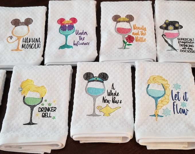 Disney Mickey Minnie Frozen Princess inspired wine glass kitchen dish towel
